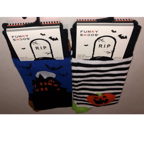 RIP Halloween Crew Socks 2 Pair Men 6-12 Black Orange w Jack O'Lantern Bat NEW! - Picture 12 of 12